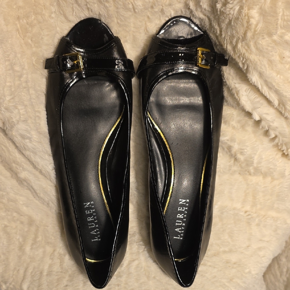 Ralph Lauren Black Open Toe Wedge Women's Shoes, Size 9.5B